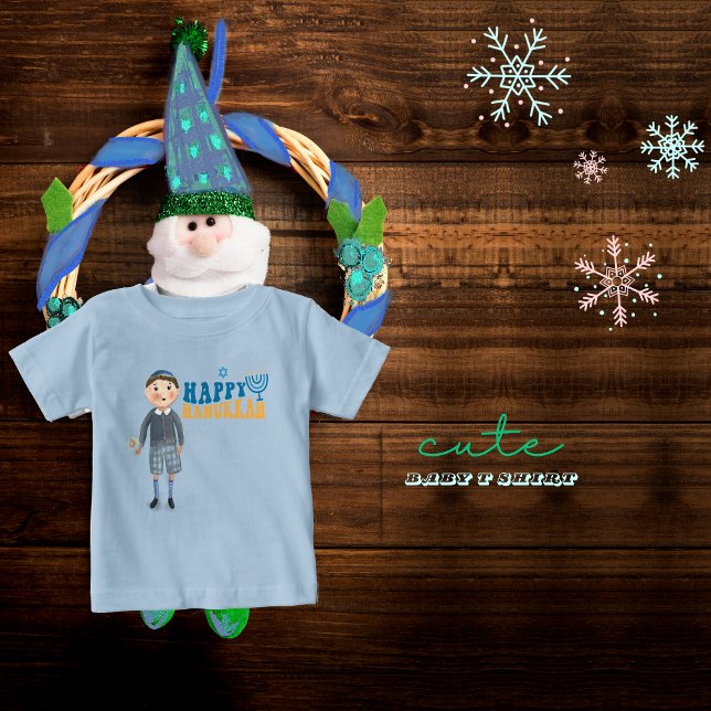 T-shirt Pour Bébé Joli garçon juif Joyeux Hanukkah  (Cute Jewish Boy Happy Hanukkah Baby T-Shirt)