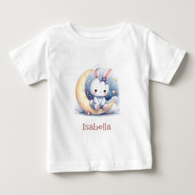 T-shirt Pour Bébé joli lapin assis sur la lune  (Devant)