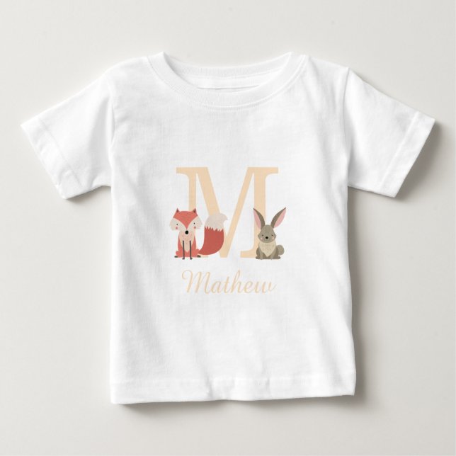 T-shirt Pour Bébé Joli lapin de renard de bois Baby Monogramme (Devant)