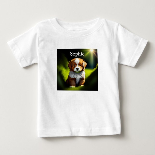 T-shirt Pour Bébé Joli petit chiot Brown et blanc (Devant)