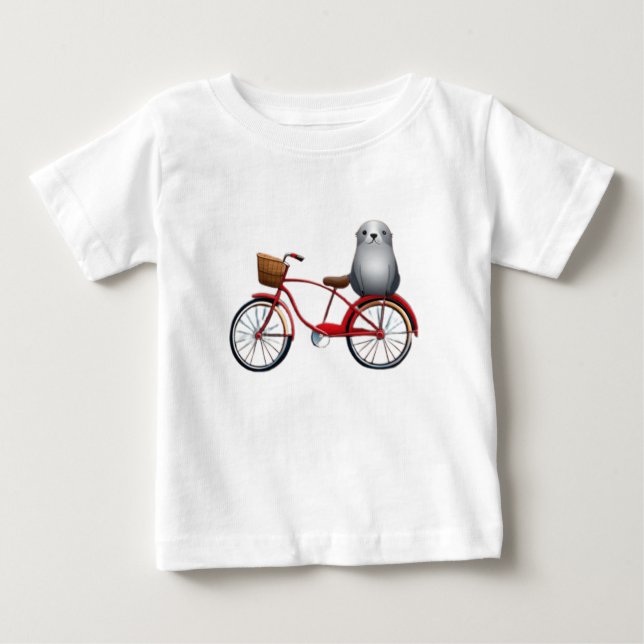 T-shirt Pour Bébé Joli petit sceau de dessin animé sur un vélo (Devant)