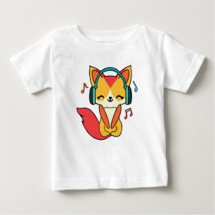 T-shirt Pour Bébé Joli renard avec écouteurs écoutant de la musique.