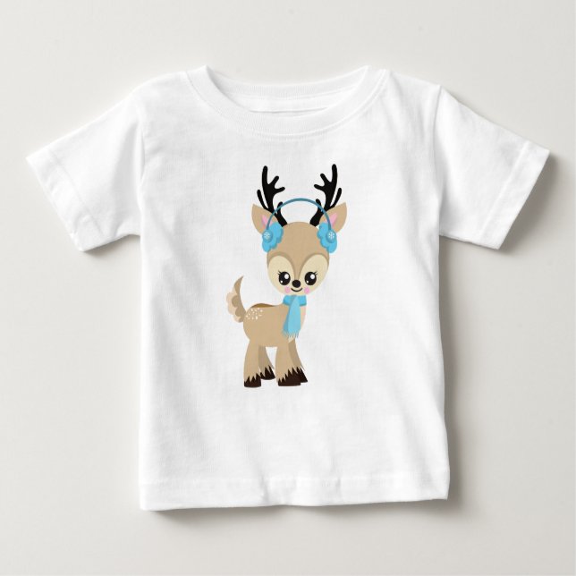 T-shirt Pour Bébé Joli renne, Petit renne, Écharpe Bleue (Devant)