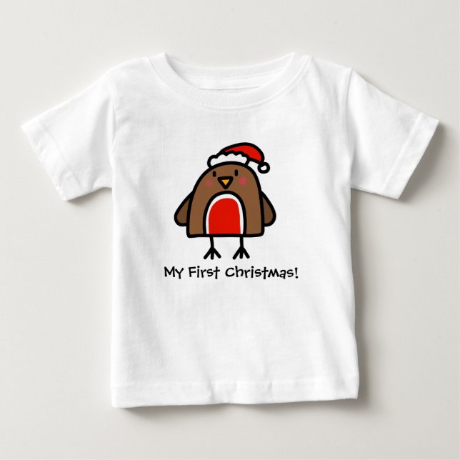T-shirt Pour Bébé Joli Robin Doodle Premier Noël (Devant)