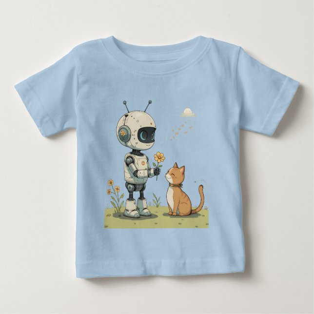 T-shirt Pour Bébé Joli Robot Offrant une Fleur à un Chat, une Illust (Devant)