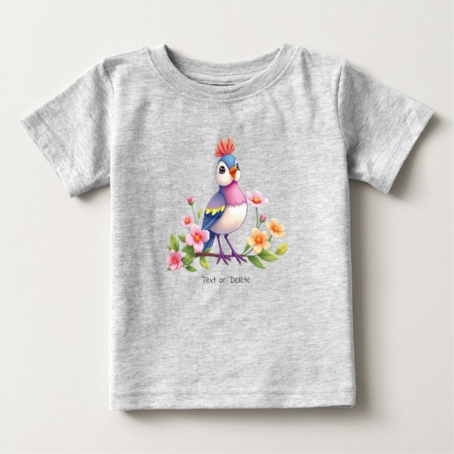 T-shirt Pour Bébé Joli T-Shirt Bébé Fleur Oiseau Rose Bleu (Devant)