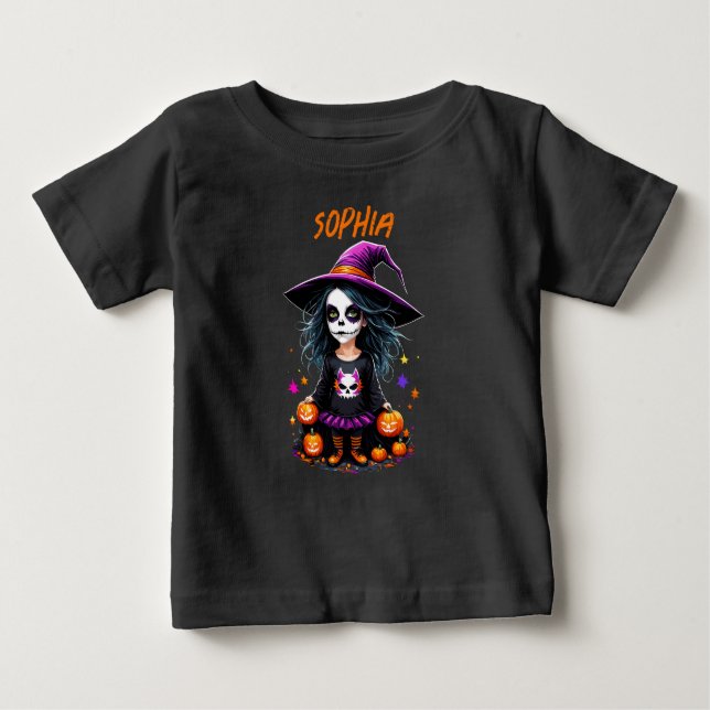 T-shirt Pour Bébé Jolie Adorable Kawaii Halloween sorcière (Devant)