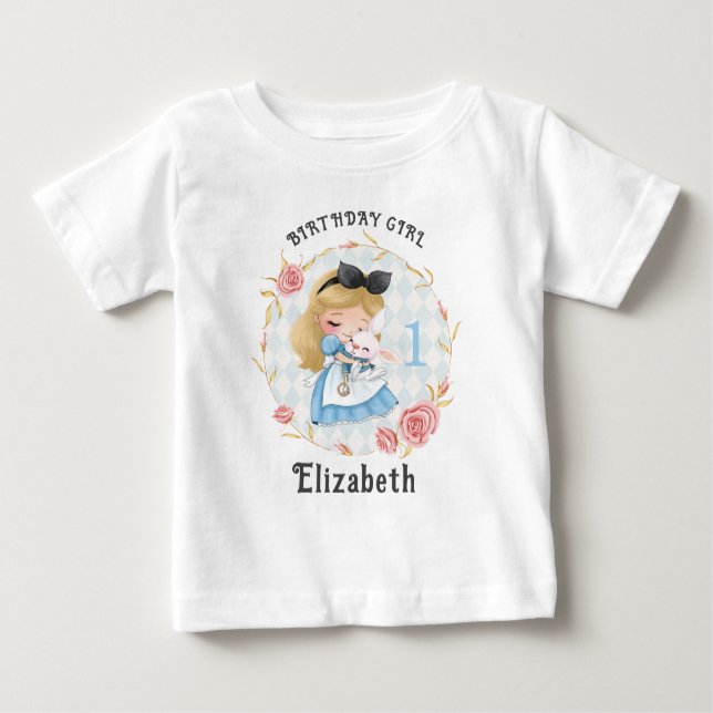 T-shirt Pour Bébé Jolie Alice et lapin blanc fille bébé T-shirt (Devant)