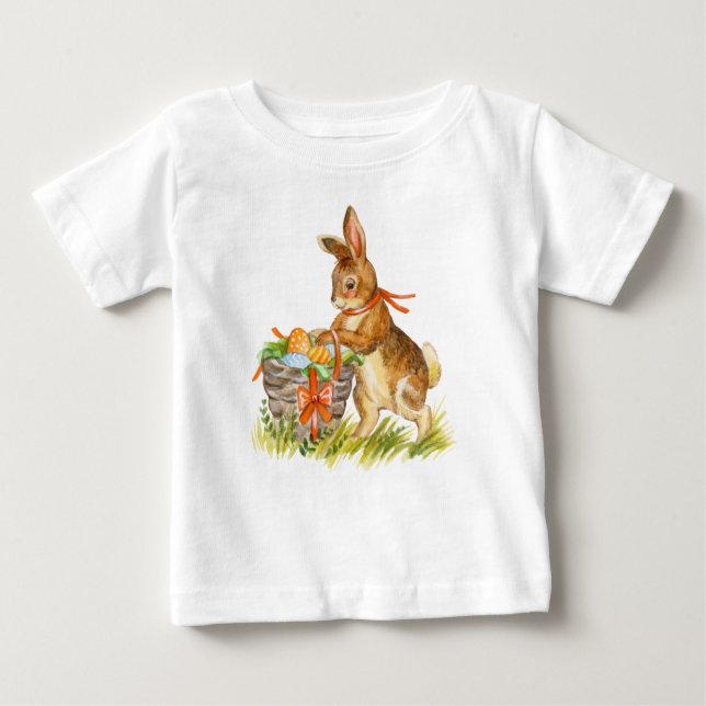 T-shirt Pour Bébé Jolie aquarelle lapin de pâques et panier (Devant)