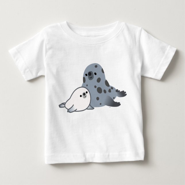 T-shirt Pour Bébé Jolie Cartoon Mère Sceau Et Tasse Bébé T-shirt (Devant)