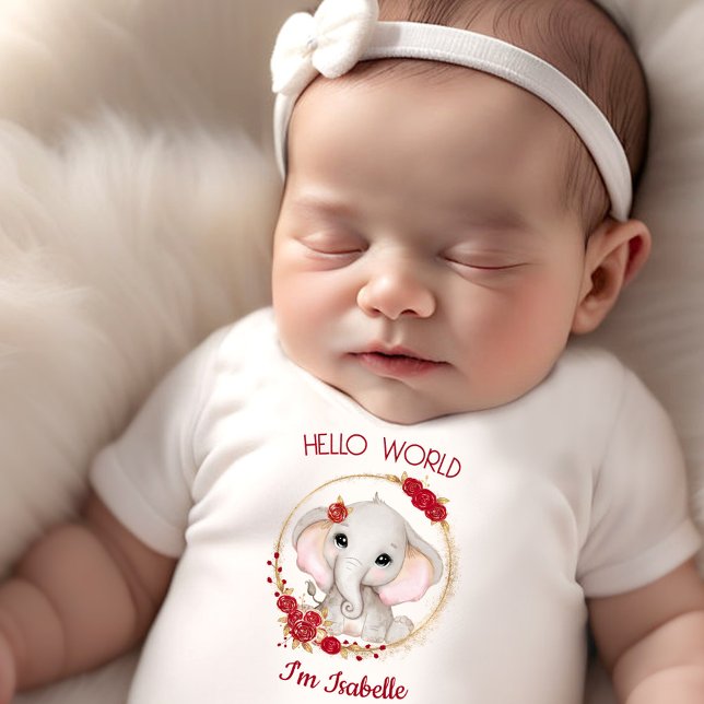 T-shirt Pour Bébé Jolie Eléphant Roses Rouges Nom Floral Fille Nouve (Cute Elephant Red Roses Floral Name Newborn Girl Baby T-Shirt)