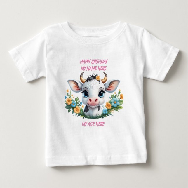 T-shirt Pour Bébé Jolie petite vache fille en fleurs (Devant)