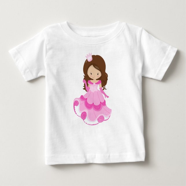 T-shirt Pour Bébé Jolie Princesse, Couronne, Robe Rose, Cheveux Brun (Devant)