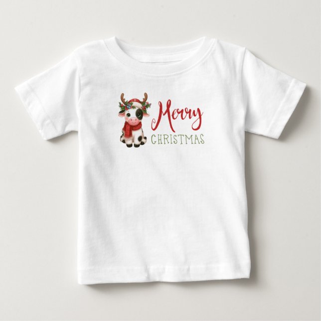 T-shirt Pour Bébé Jolie vache de Noël mignonne (Devant)
