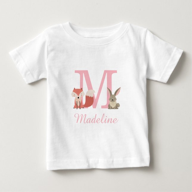 T-shirt Pour Bébé Jolis Animaux de la Forêt et Monogramme Rose (Devant)