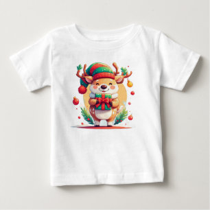 T-shirt Pour Bébé Jolis rennes de Noël tenant un cadeau