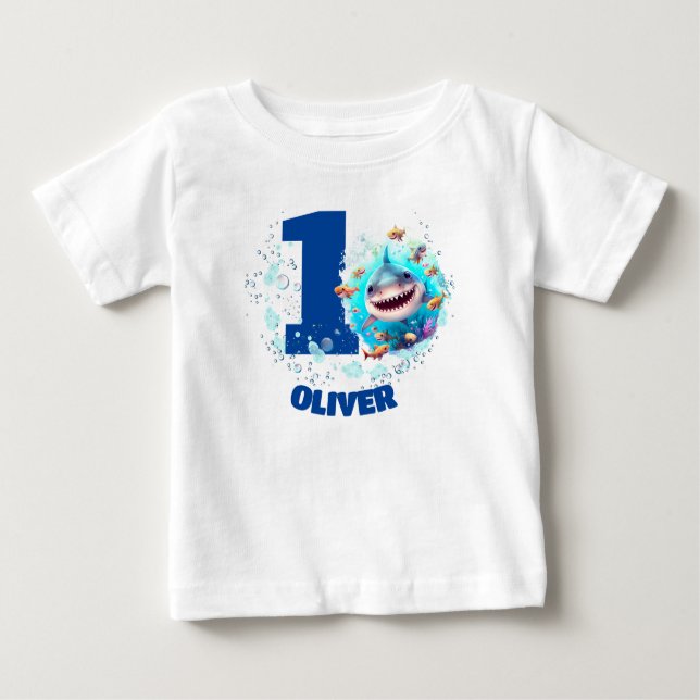 T-shirt Pour Bébé Jote requin Anniversaire Personnalisé garçon (Devant)