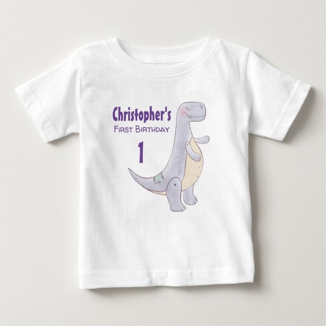 T-shirt Pour Bébé Jouet Dinosaure gris mou Aquarelle 1er anniversair (Devant)