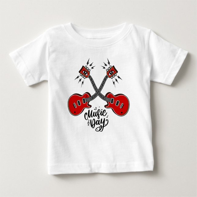 T-shirt Pour Bébé Journée de la musique ( A playful white t-shirt featuring two red guitars.)