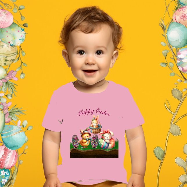 T-shirt Pour Bébé Joyeuses Pâques Animaux Bébés Poussin Lapin Oeufs  (Happy Easter Baby Animals Chick Rabbit Eggs Basket Baby T-Shirt)