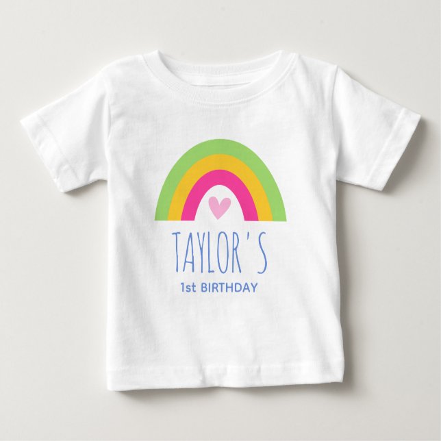 T-shirt Pour Bébé Joyeux 1er Anniversaire Arc-en-Ciel Nom Personnali (Devant)