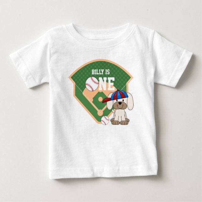 T-shirt Pour Bébé Joyeux 1er Anniversaire Personnalisé Chiot Basebal (Devant)