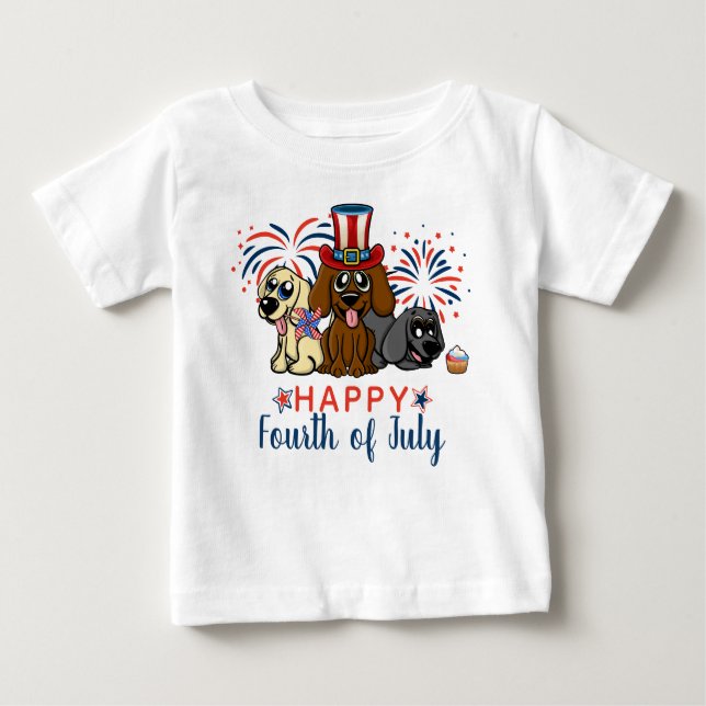 T-shirt Pour Bébé Joyeux 4 juillet Chiens Feu d'artifice patriotique (Devant)