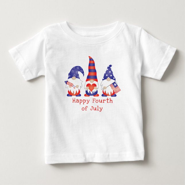 T-shirt Pour Bébé Joyeux 4 Juillet Gnome Rouge Blanc Bleu (Devant)