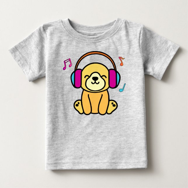 T-shirt Pour Bébé Joyeux bébé chiot souriant avec casque. (Devant)