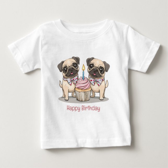 T-shirt Pour Bébé Joyeux Carlin d'anniversaire Chiens Cupcake (Devant)