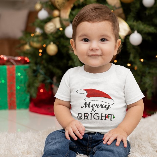 T-shirt Pour Bébé Joyeux et lumineux Noël au Père Noël (Merry & Bright with Santa Hat Christmas Baby T-Shirt)