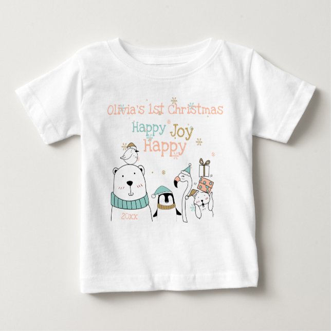 T-shirt Pour Bébé Joyeux Joyeux Joy Cute Animaux 1er Noël (Devant)