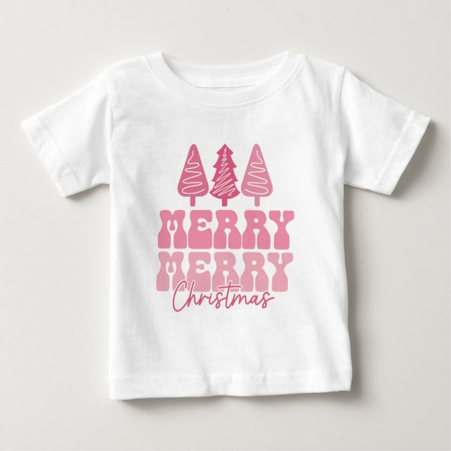 T-shirt Pour Bébé Joyeux Joyeux Noël - Conception des Fêtes Rose (Devant)