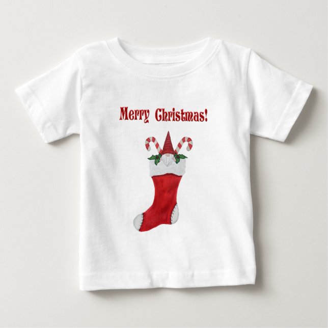 T-shirt Pour Bébé Joyeux Noël Adorable Gnome en rouge Stocking (Devant)