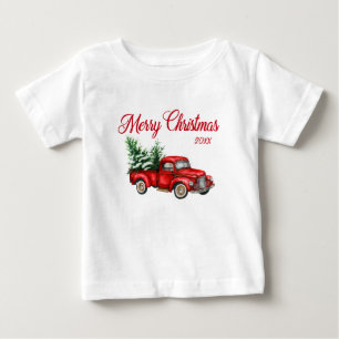 T-shirt Pour Bébé Joyeux Noël Aquarelle Vintage Camion rouge