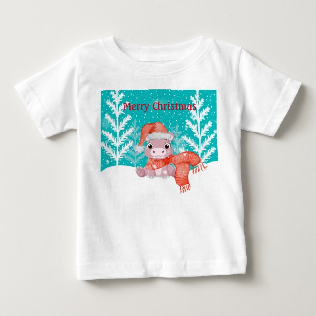T-shirt Pour Bébé Joyeux Noël avec Baby Hippo (Devant)