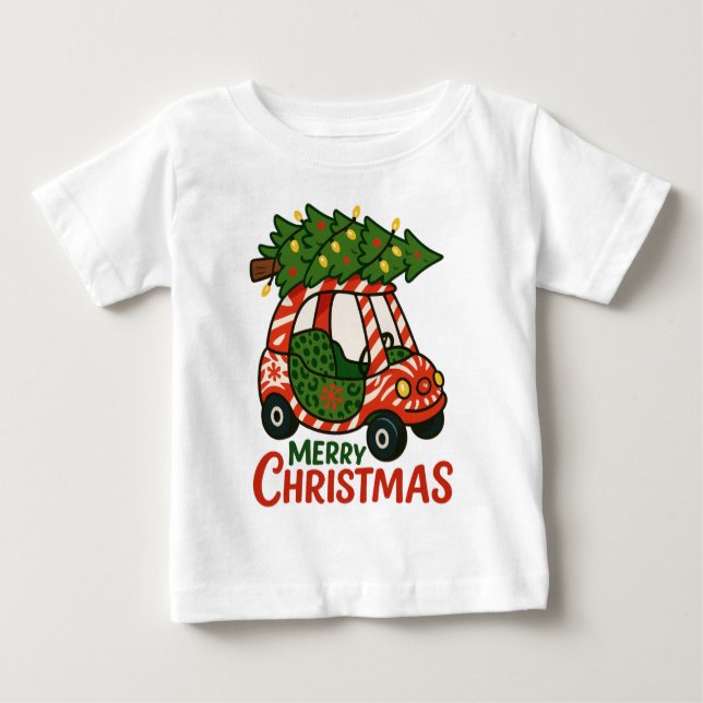 T-shirt Pour Bébé Joyeux Noël Enfants Mignons Voiture Arbre de Noël (Devant)