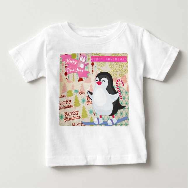 T-shirt Pour Bébé Joyeux Noël Joyeux Nouvel An Pingouin mignon (Devant)