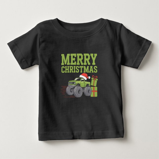 T-shirt Pour Bébé Joyeux Noël Monster Camion Toddler Boys Noël (Devant)