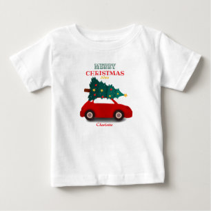 T-shirt Pour Bébé Joyeux Noël Petite Voiture Rouge Vintage Nom 