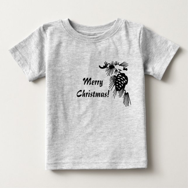 T-shirt Pour Bébé Joyeux Noël Pine Cône noir et blanc Chemise (Devant)