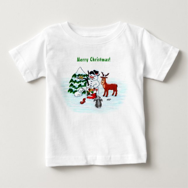 T-shirt Pour Bébé Joyeux Noël ! Snowman avec amis (Devant)