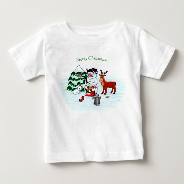 T-shirt Pour Bébé Joyeux Noël ! Snowman avec amis (Devant)