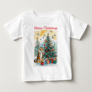 T-shirt Pour Bébé Joyeux Noël Tigre avec des arbres de Noël