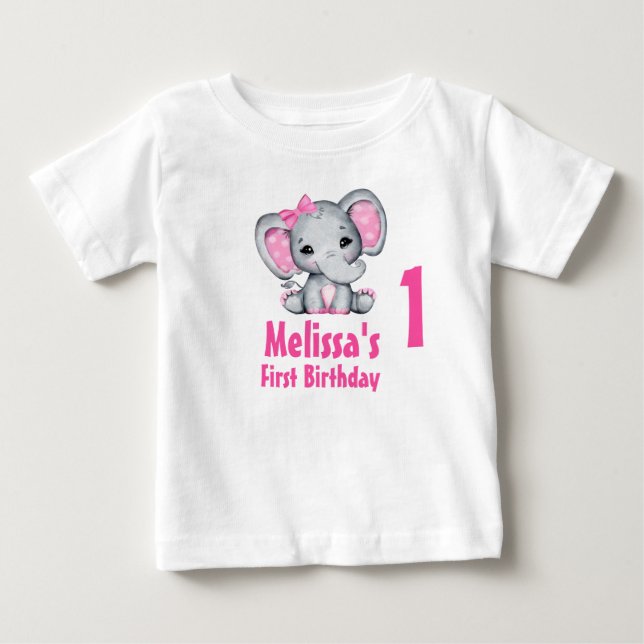 T-shirt Pour Bébé Joyeux Premier Anniversaire au Petit Éléphant Rose (Devant)