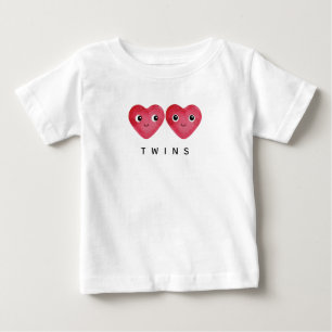 T-shirt Pour Bébé Jumeaux souriants avec deux cœurs rouges aquarelle