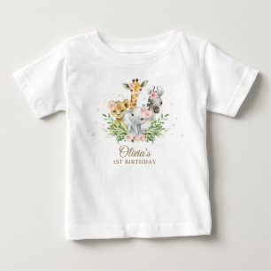 T-shirt Pour Bébé Jungle Animal rose Floral Girl 1er Anniversaire te