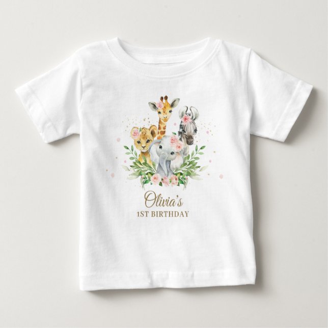 T-shirt Pour Bébé Jungle Animal rose Floral Girl 1er Anniversaire te (Devant)