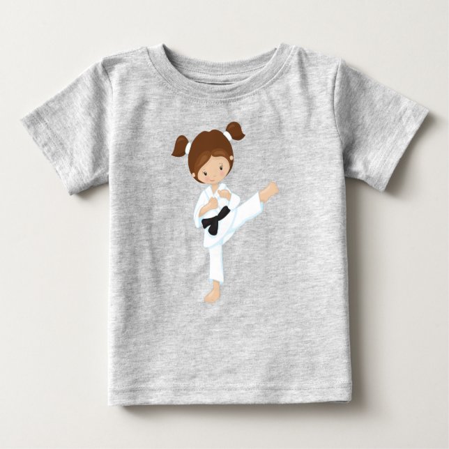 T-shirt Pour Bébé Karate Girl, mignonne fille, cheveux Brown, ceintu (Devant)