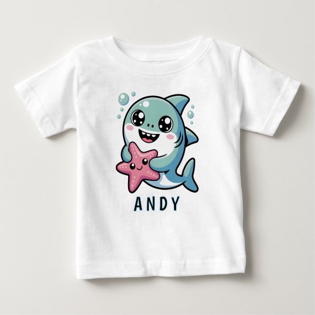 T-shirt Pour Bébé Kawaii Shark et Starfish Meilleurs amis (Devant)